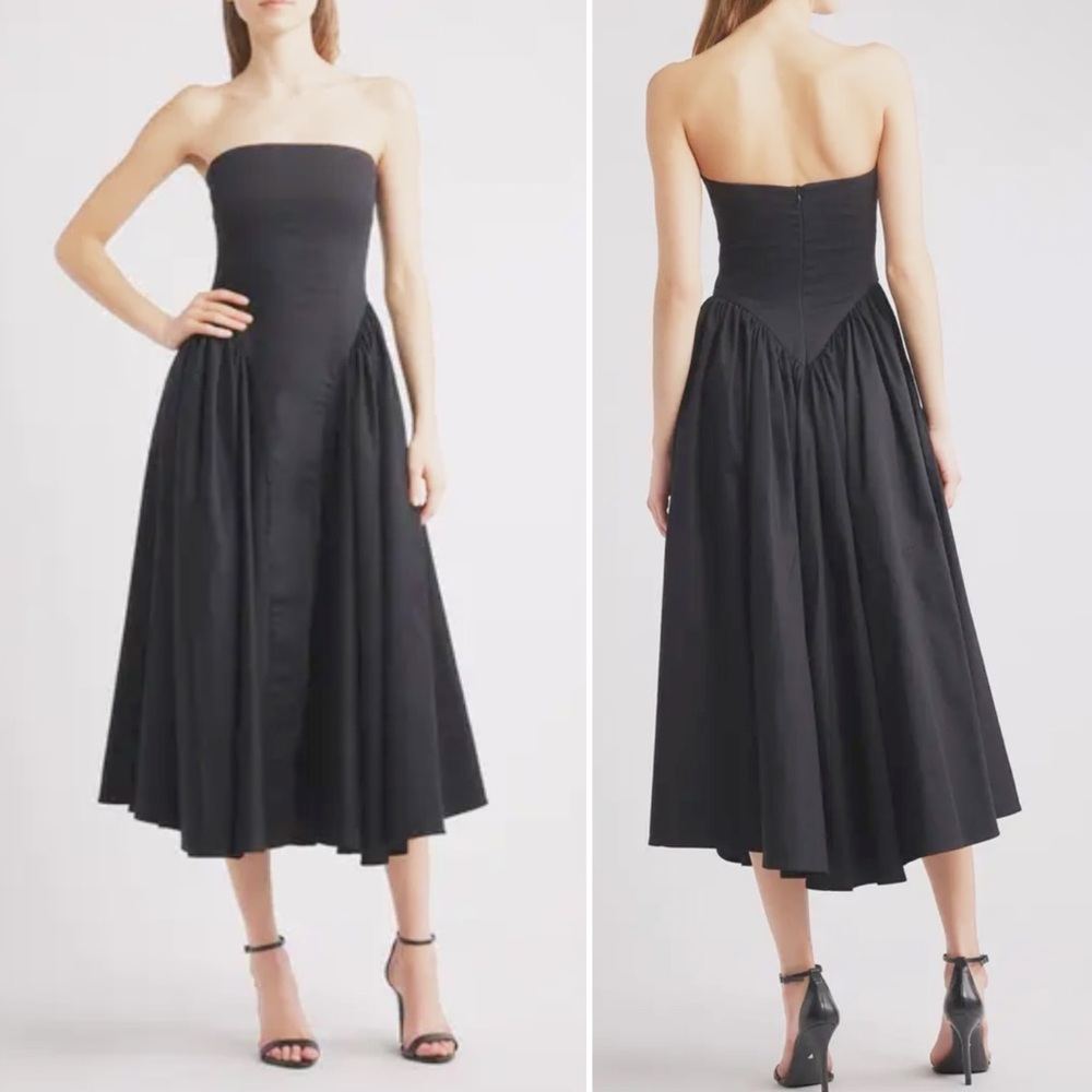 NWT Delfi Collective Imani Strapless Black Midi Cocktail Cotton Flare Dress - Picture 1 of 10